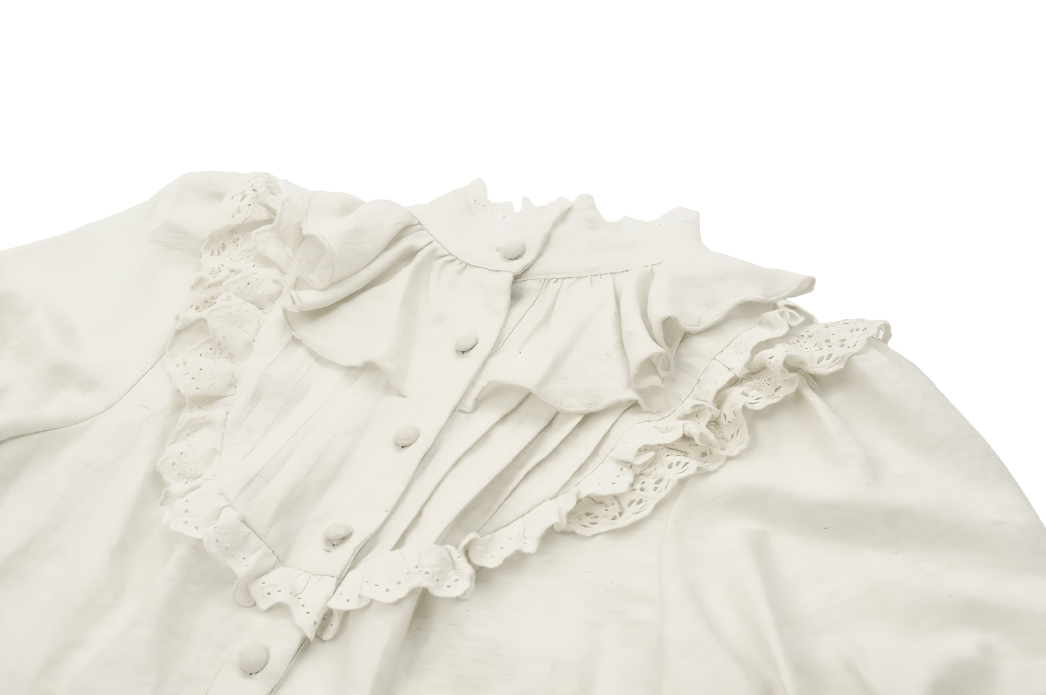 Victorian puff sleeved blouse with lace and ruffles, featuring stand collar and button-down front.