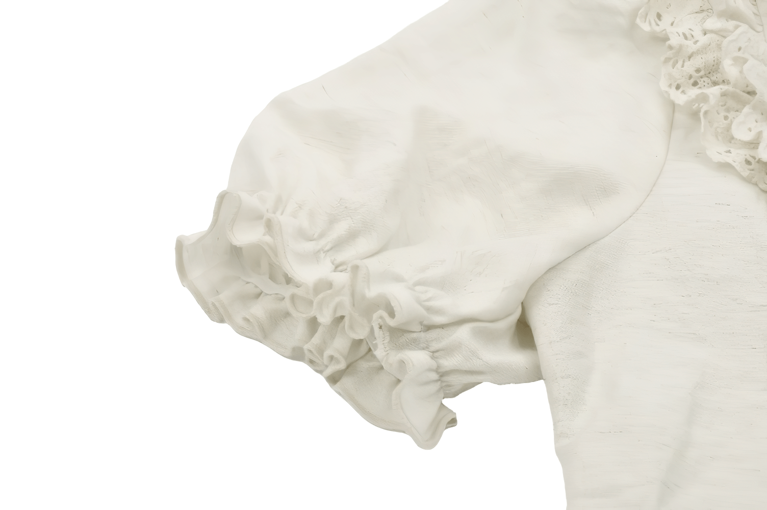 Close-up of the Victorian puff-sleeved blouse showcasing lace trim and ruffle detail in elegant white fabric.