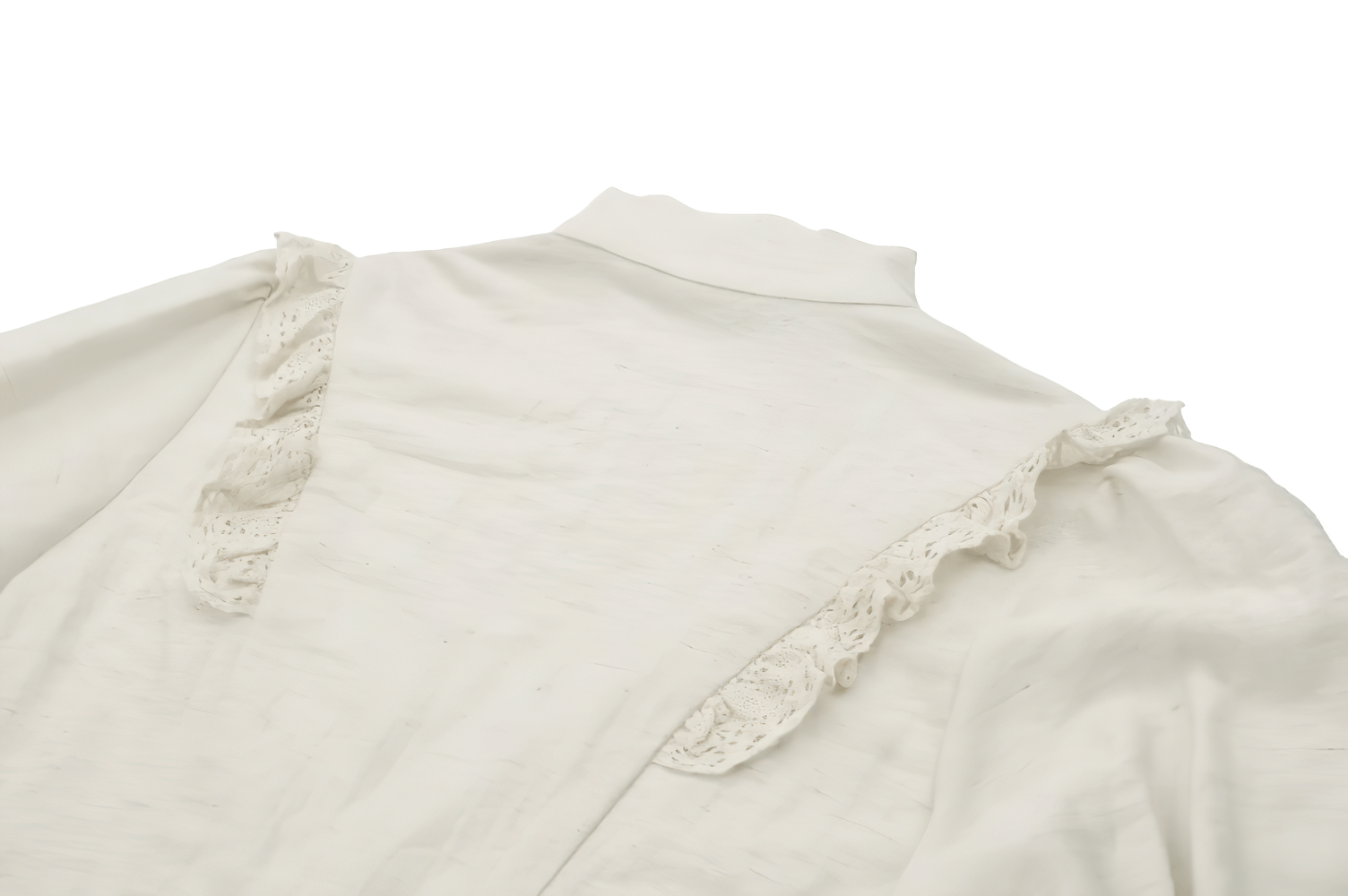 Back view of a Victorian puff sleeved blouse showcasing lace and ruffle detail on a stand collar.