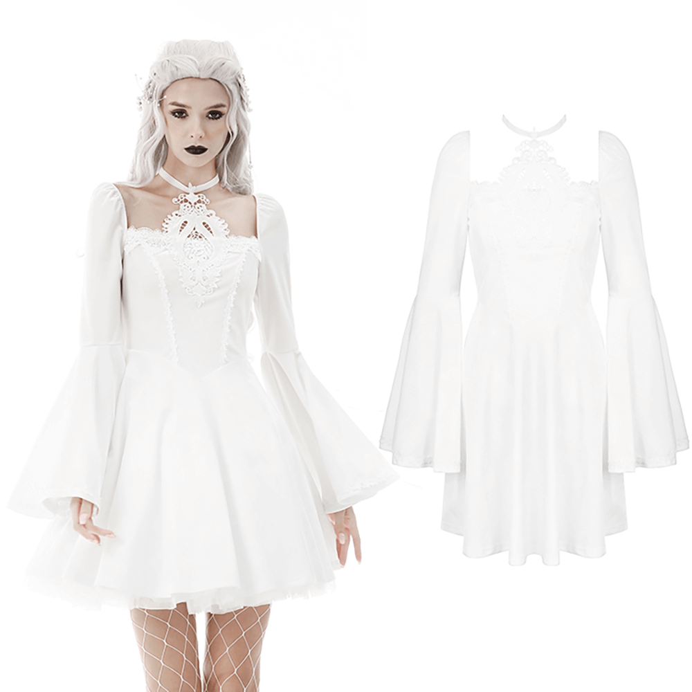 Victorian lace bell sleeves dress with choker, embodying gothic elegance and steampunk charm in white.