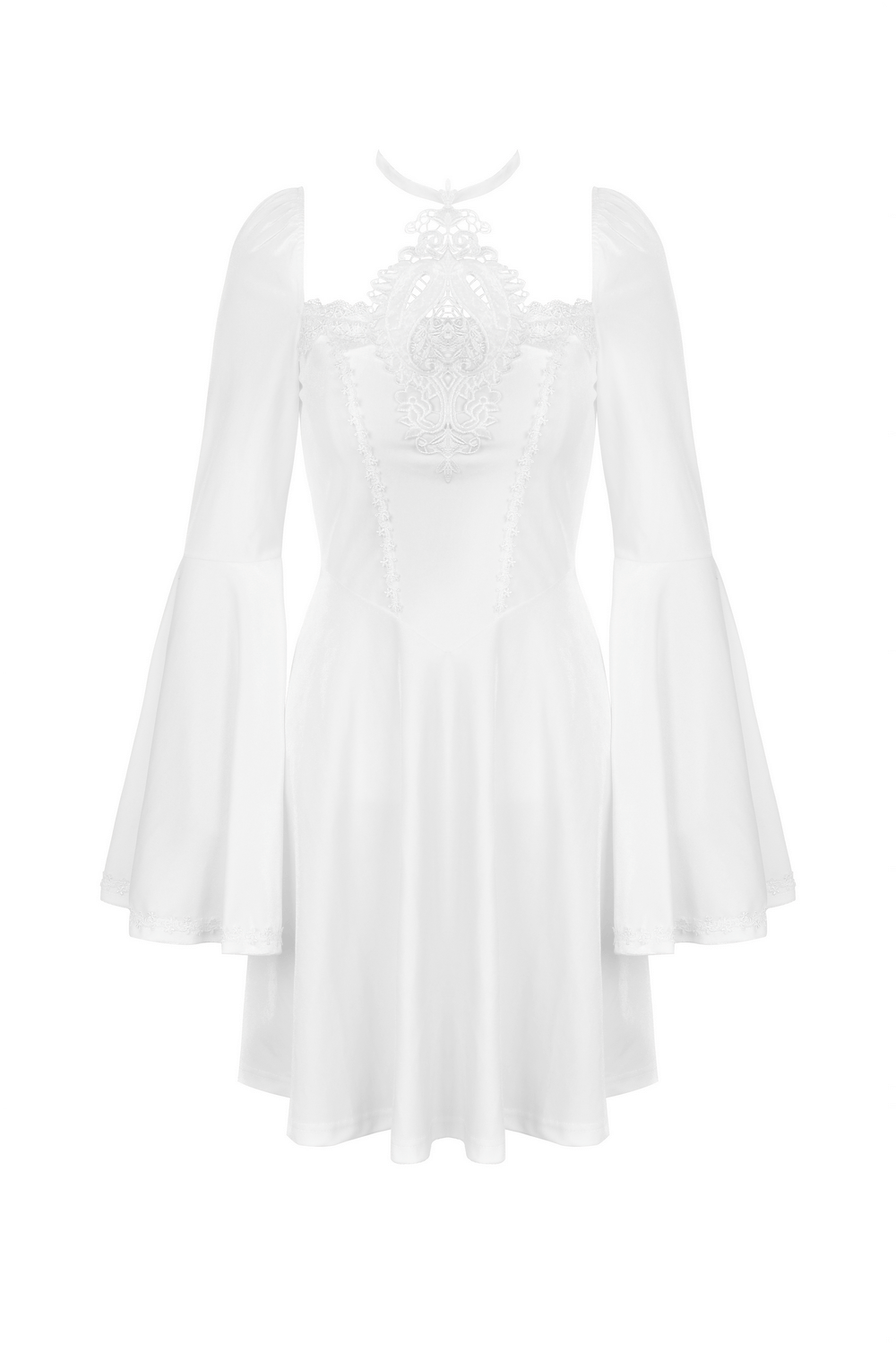 Victorian white dress with lace details and flowing bell sleeves, perfect for gothic and steampunk elegance.