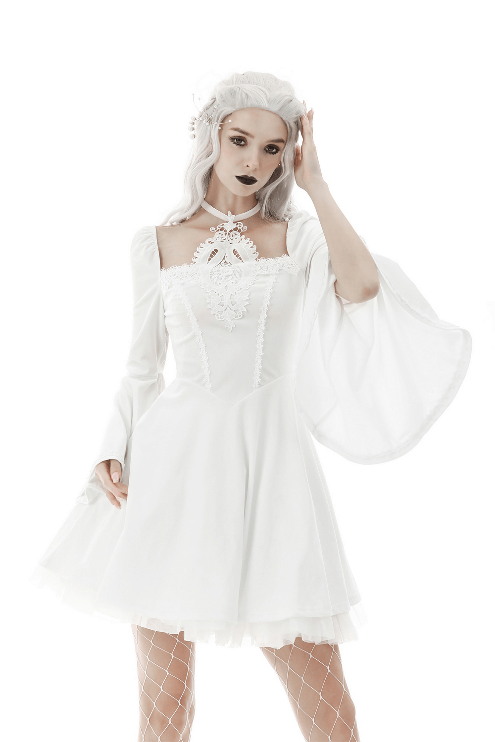 Victorian romantic white dress with lace details and bell sleeves, perfect for gothic elegance.