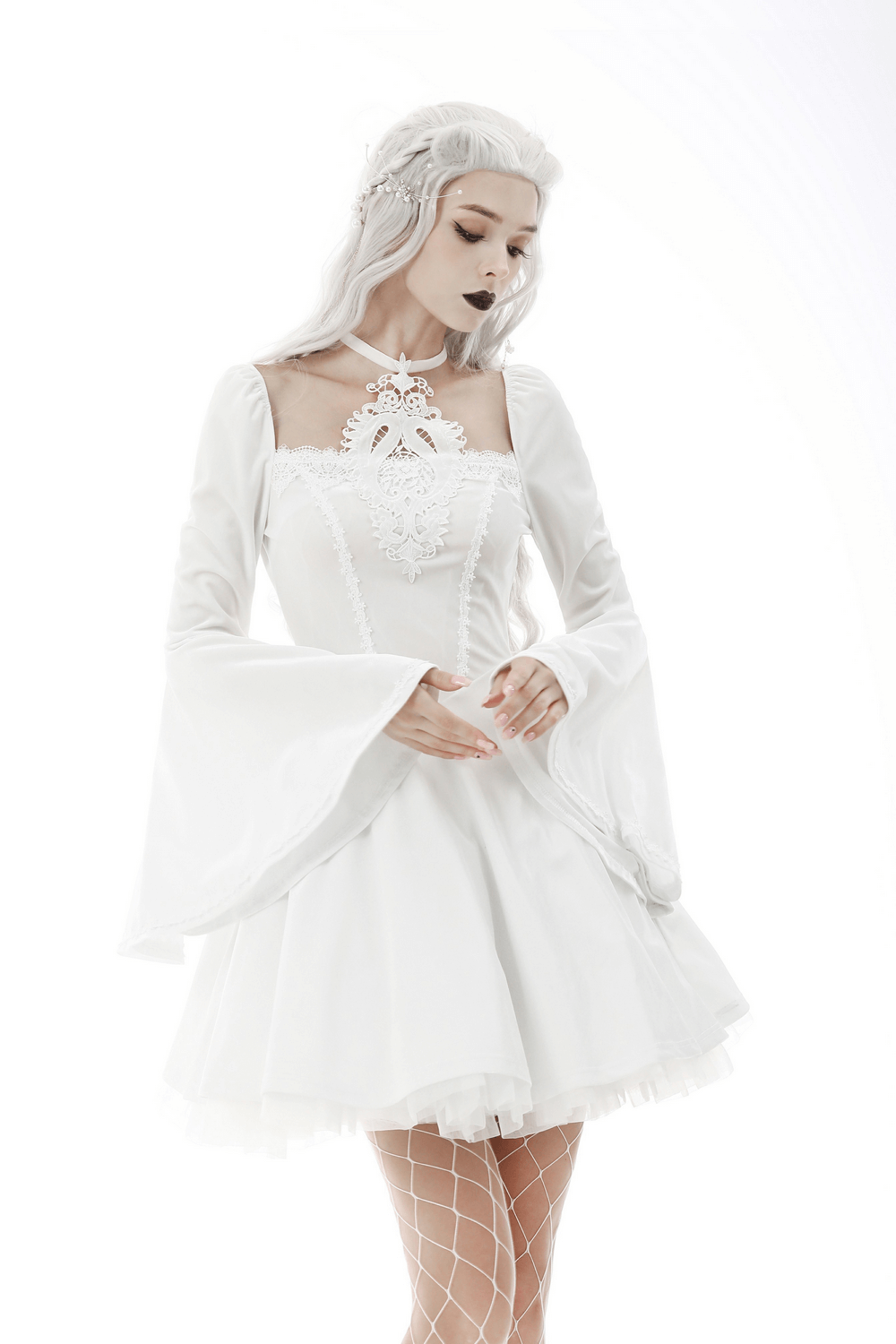 Victorian romantic lace dress with bell sleeves and choker, perfect for gothic elegance and dark enchantress style.
