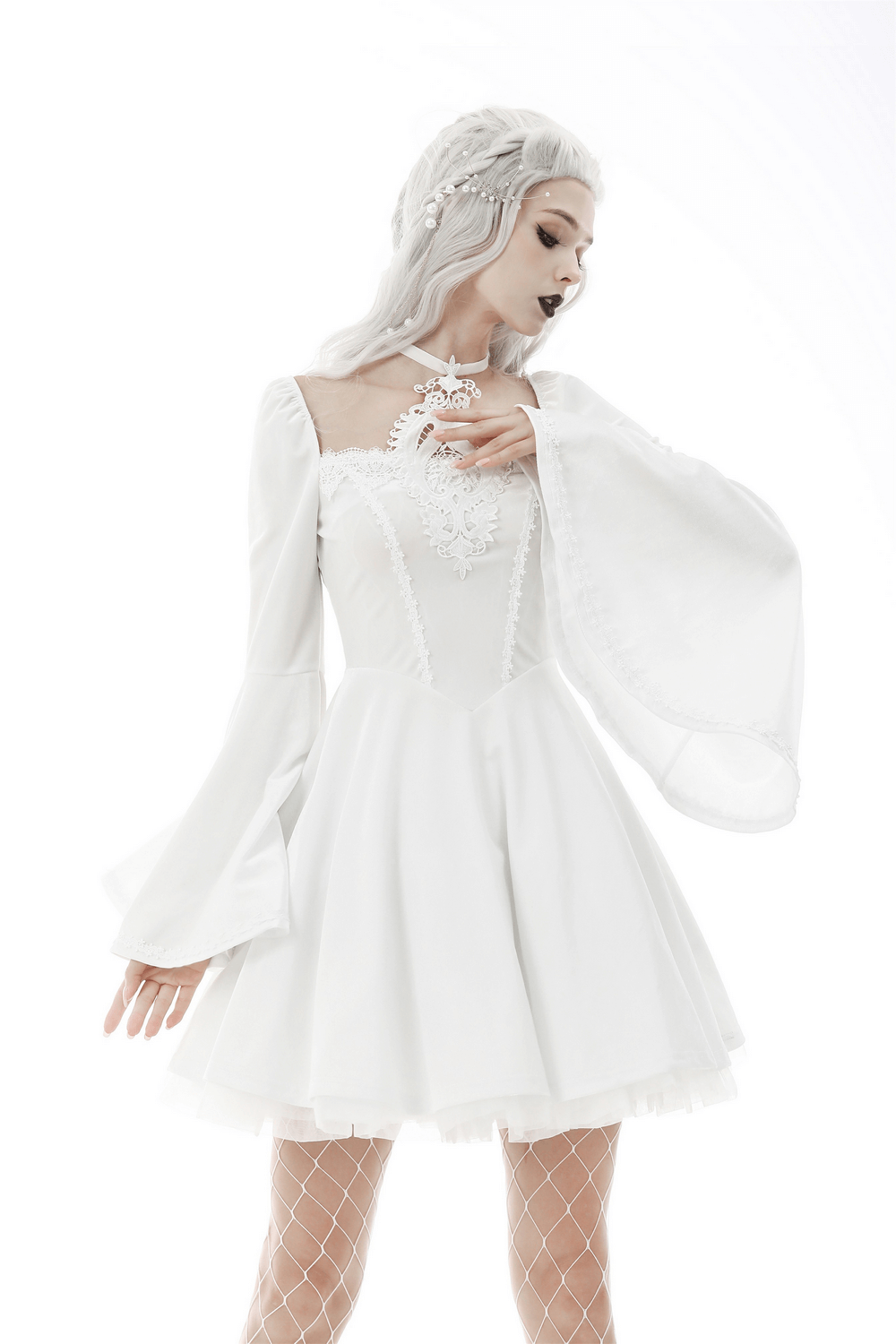 Victorian Romantic Lace Bells Sleeves Dress with Lace Choker