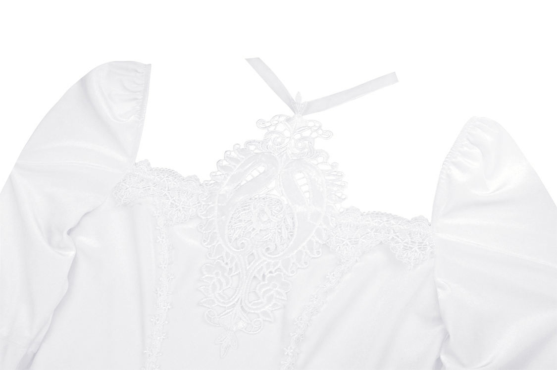 Elegant white dress back detail with intricate lace embroidery and satin bow, perfect for Victorian romantic style.