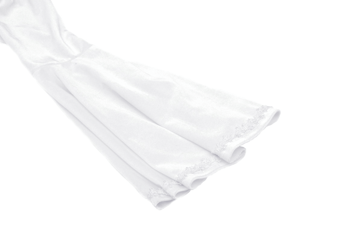 Elegant white bell sleeves with delicate lace trim from a Victorian-inspired dress, perfect for gothic romance.