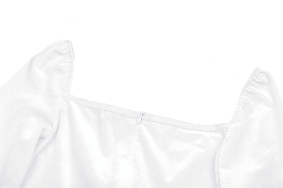 Detail of the Victorian lace dress showing elegant puff sleeves and silky smooth fabric for gothic allure.