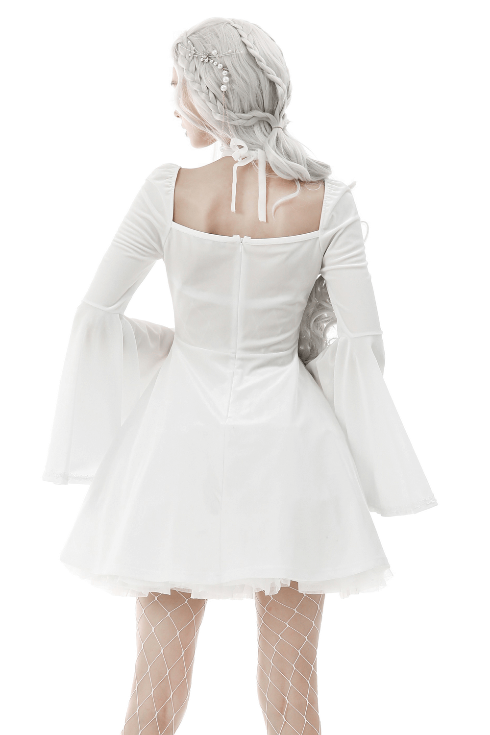 Back view of a Victorian romantic lace dress with bell sleeves and lace choker, perfect for gothic elegance.