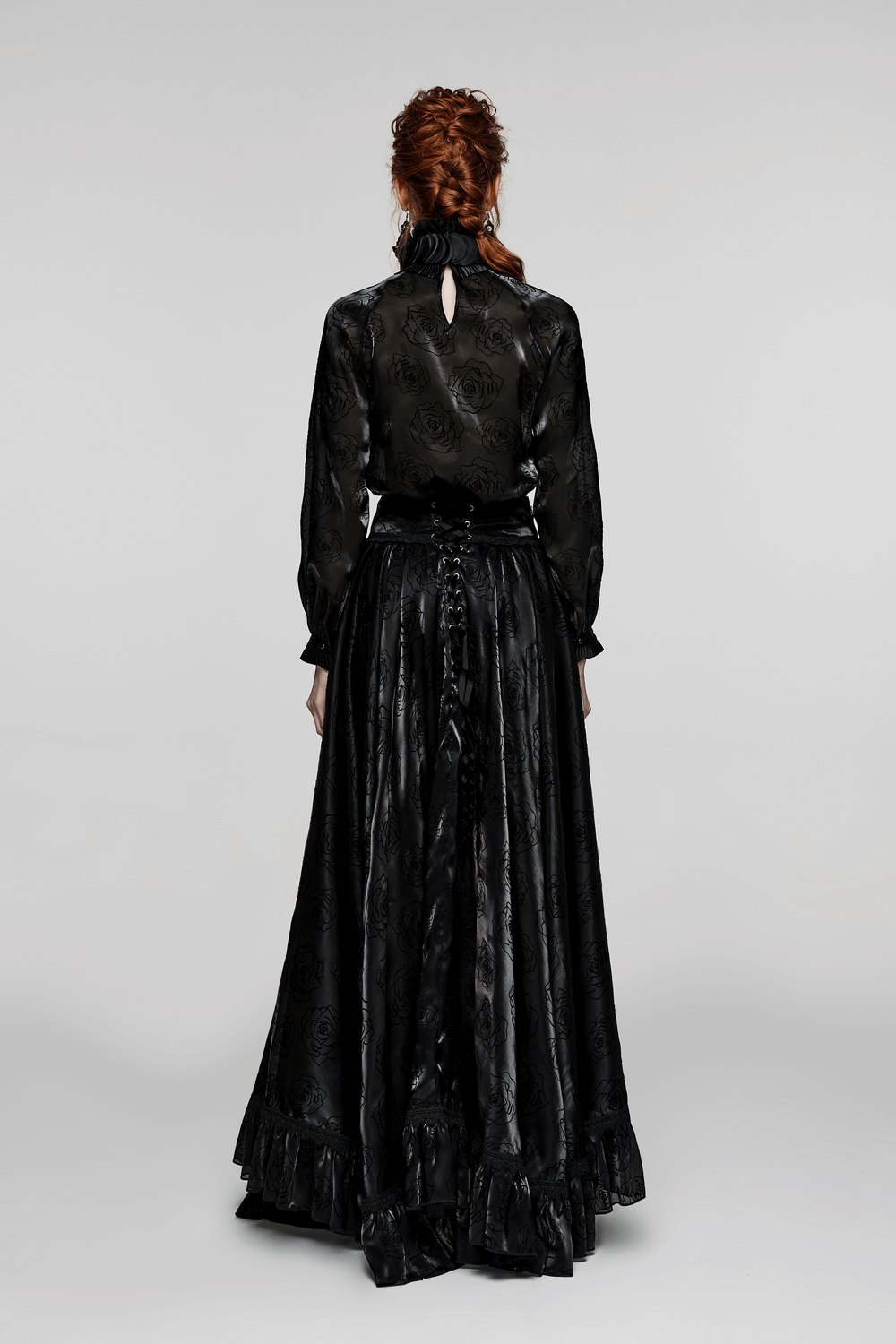 Back view of a Victorian Rose Flock Mesh Gothic Ruffle Shirt with lantern sleeves and elegant detailing.