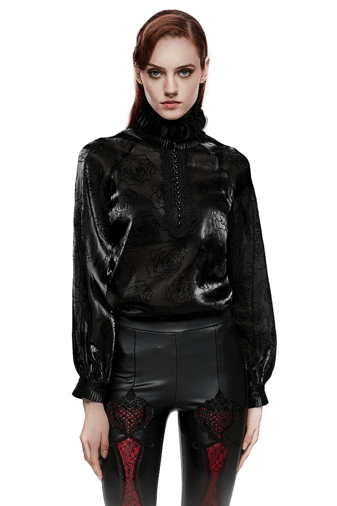 Gothic Victorian Rose Flock Mesh Shirt with ruffles and lantern sleeves, perfect for dark romantic elegance.