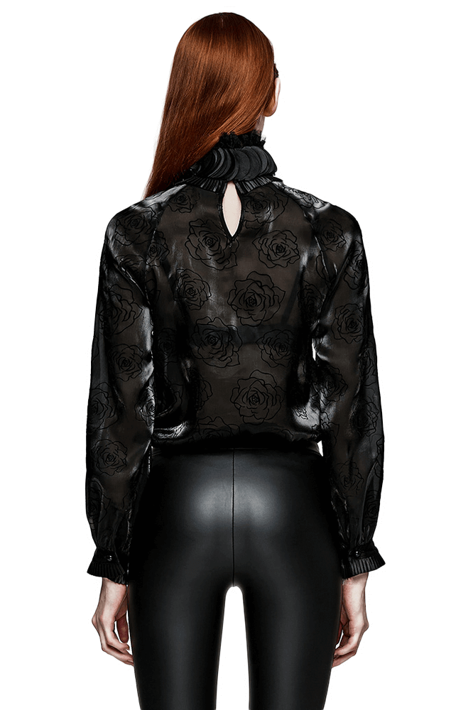 Victorian Rose Flock Mesh Gothic Ruffle Shirt