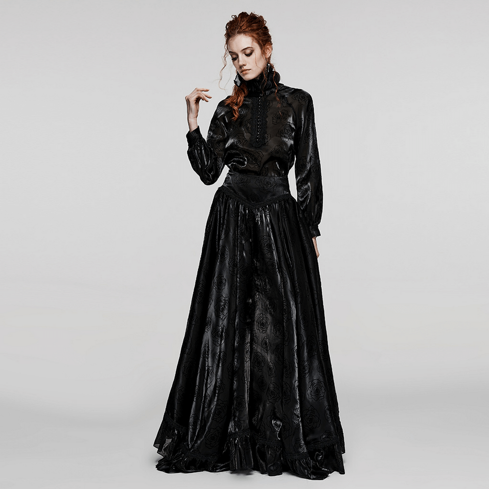Victorian Rose Flock Mesh Gothic Ruffle Shirt with elegant rose flocked fabric and dramatic lantern sleeves.
