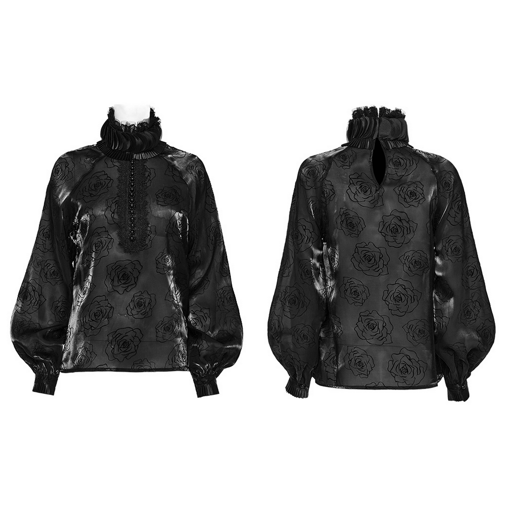 Victorian Rose Flock Mesh Gothic Ruffle Shirt with elegant rose pattern and dramatic lantern sleeves.