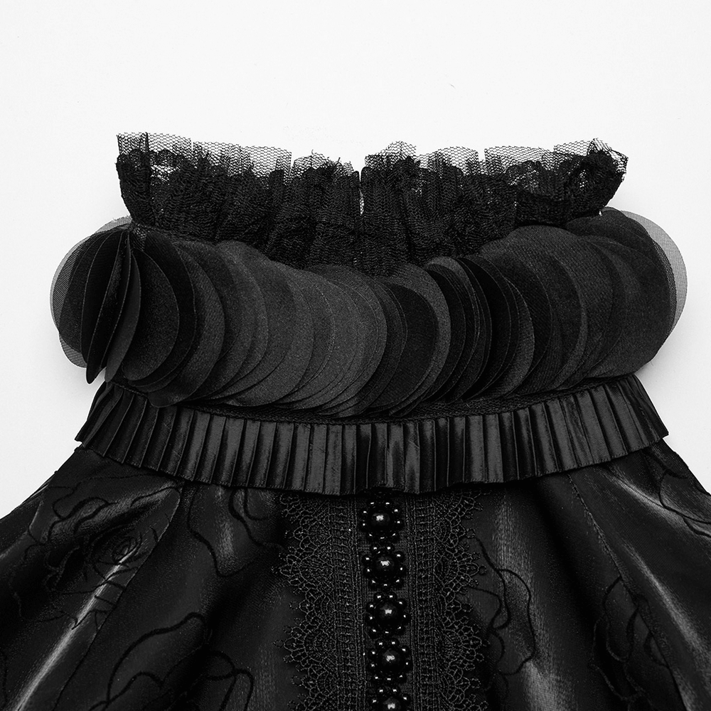 Close-up of the Victorian Rose Flock Mesh Gothic Shirt's ruffled collar, showcasing elegant lace and fabric details.