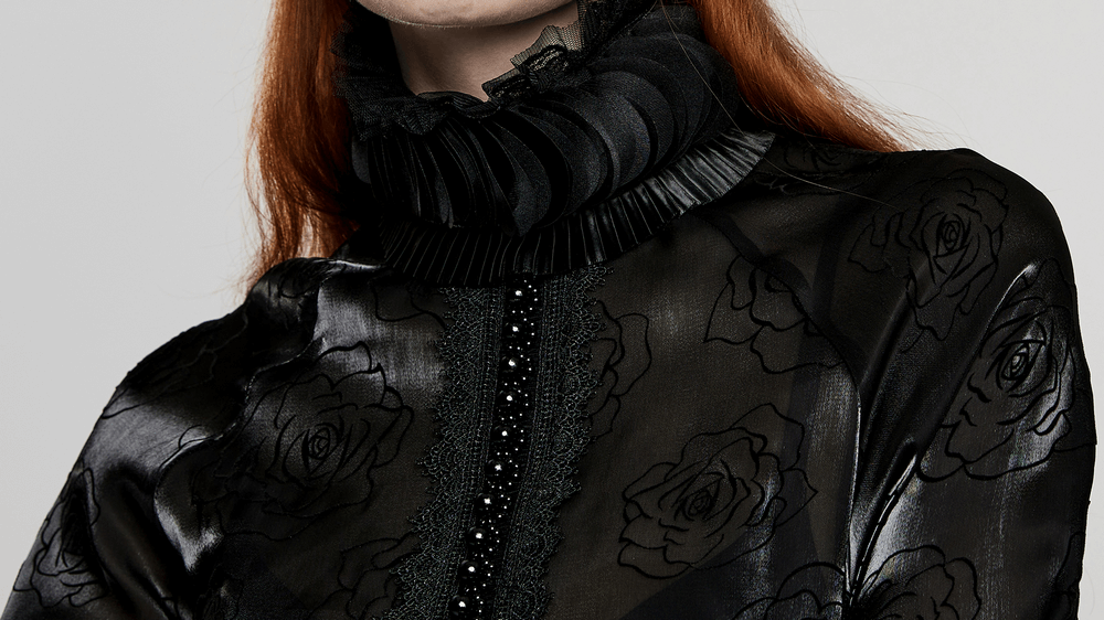 Victorian Rose Flock Mesh Gothic Ruffle Shirt with elegant collar and rose pattern detail.