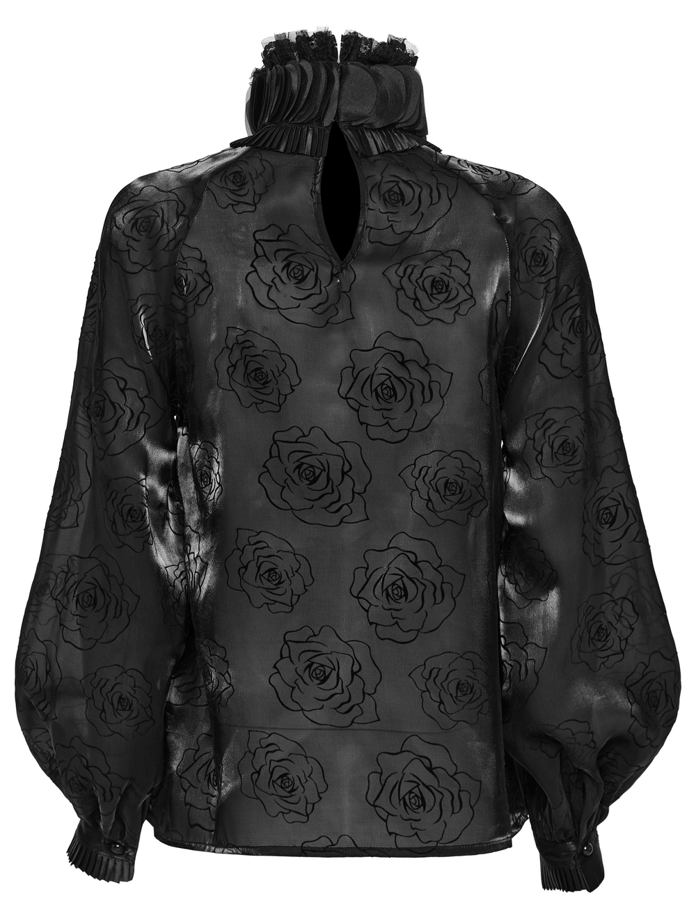 Victorian Rose Flock Mesh Gothic Ruffle Shirt with dramatic lantern sleeves and noble collar design.