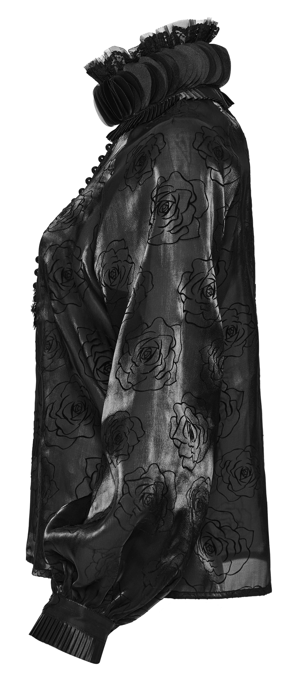 Victorian Rose Flock Mesh Gothic Ruffle Shirt showcasing elegant rose pattern and dramatic sleeves.