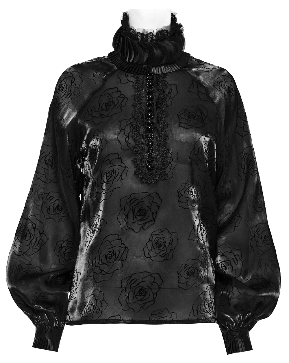 Victorian Rose Flock Mesh Gothic Ruffle Shirt with elegant roses and dramatic sleeves for a dark romantic look.