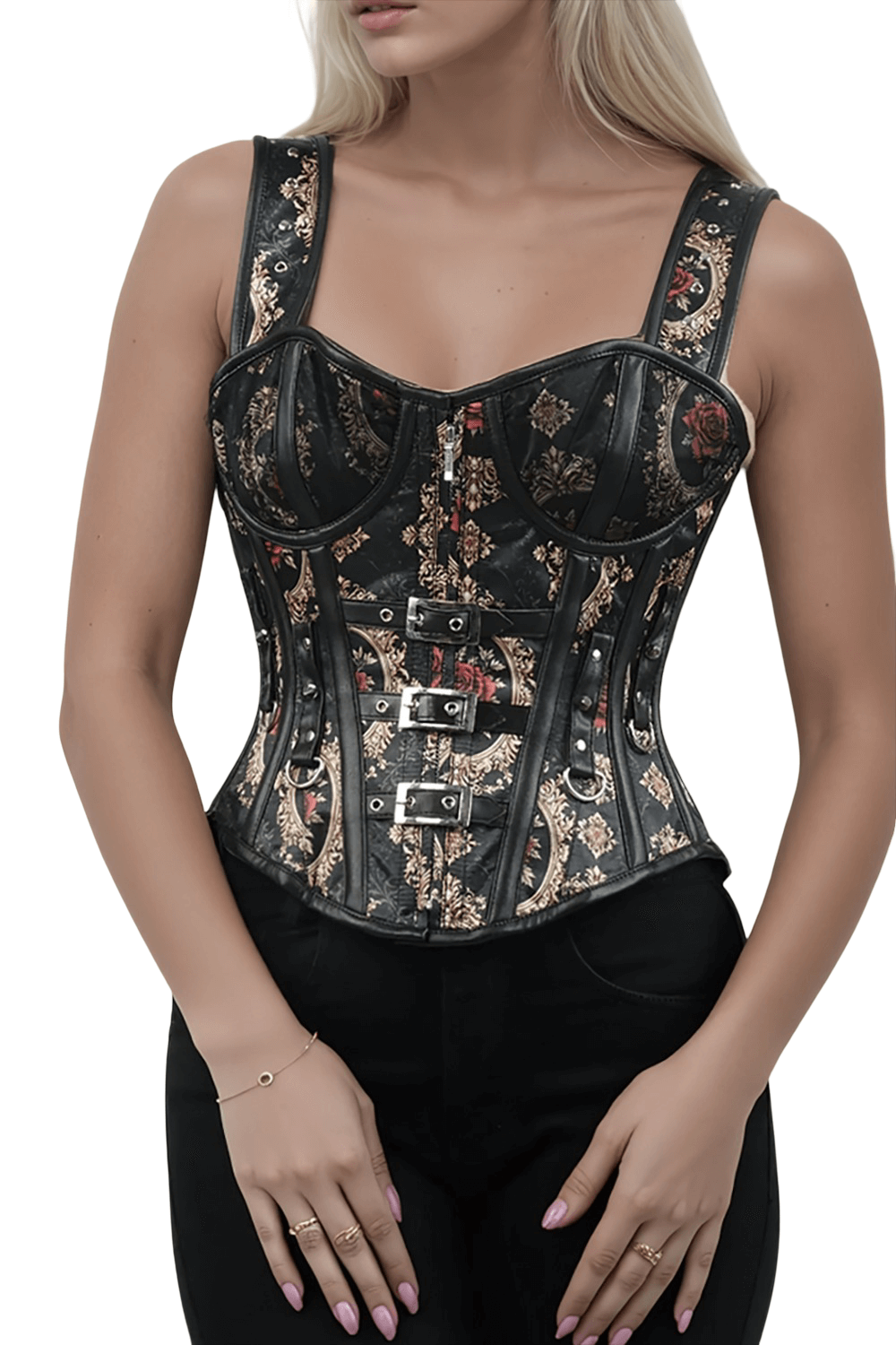Victorian Rose Tapestry Overbust Corset with Faux Leather features intricate rose motifs and adjustable back lacing.