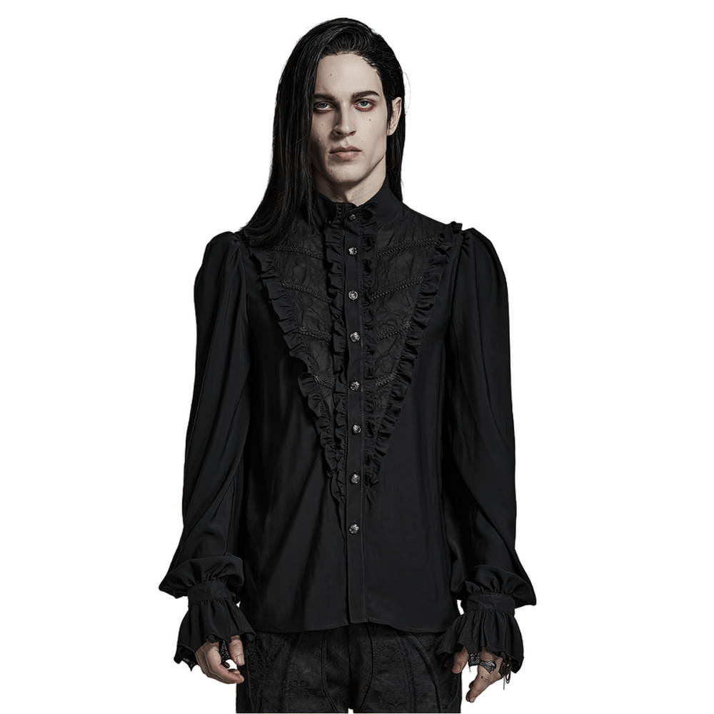 Victorian ruffle black gothic shirt with chiffon fabric and stand collar, showcasing elegant ruffled detailing.