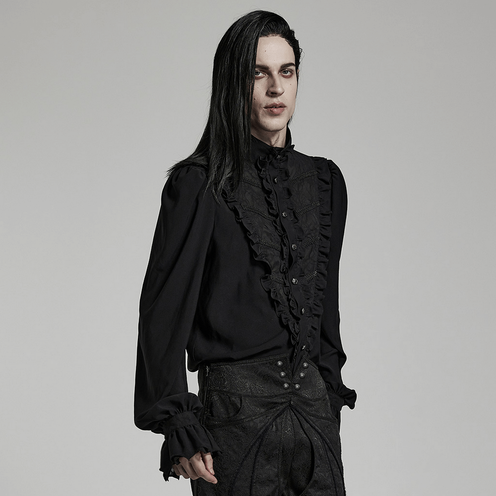 Elegant Victorian black gothic shirt with ruffles and stand collar, perfect for an enchanting gothic wardrobe.