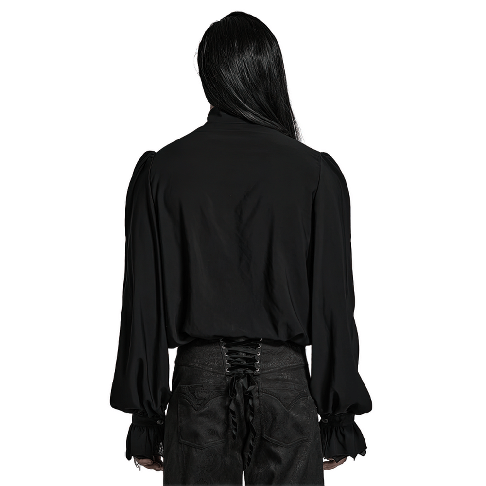 Back view of a black Victorian Gothic ruffle shirt with puff sleeves, perfect for elegant gothic wear.