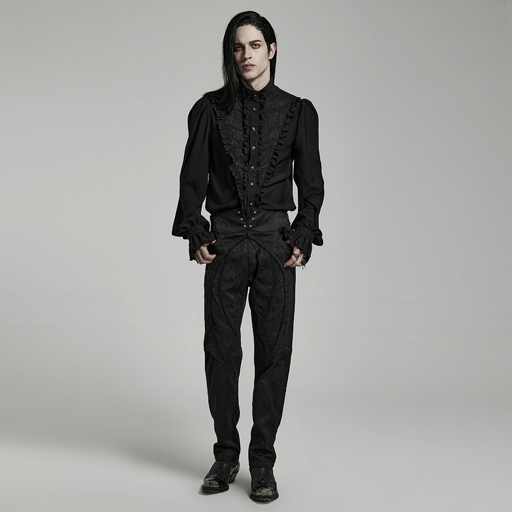 Victorian ruffle black gothic shirt with chiffon stand collar and puff sleeves, perfect for elegant gothic wear.