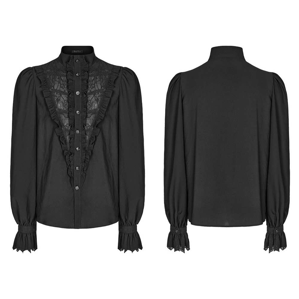Victorian ruffle black gothic shirt with stand collar and puff sleeves, featuring detailed ruffle placket and cherry blossom buttons.