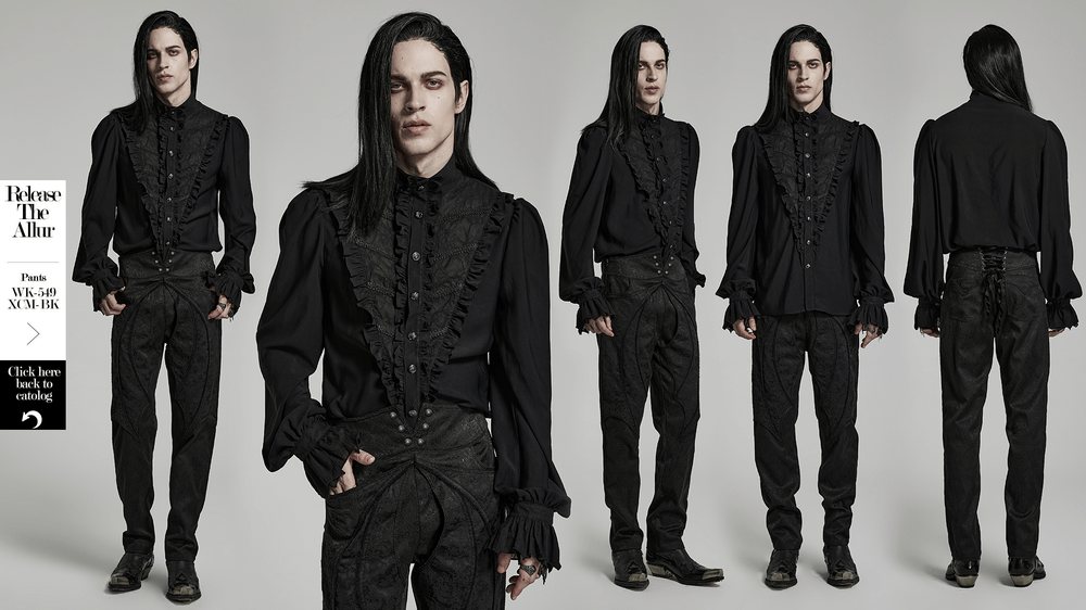Victorian ruffle black gothic shirt with stand collar and puff sleeves, stylishly worn by a model.