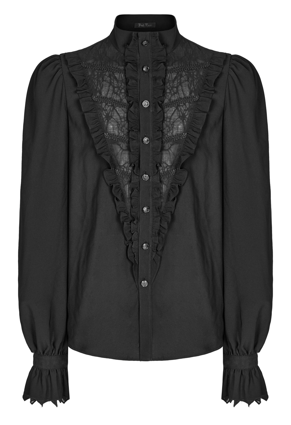 Victorian ruffle black gothic shirt with chiffon stand collar and ruffled detailing, perfect for elegant wear.