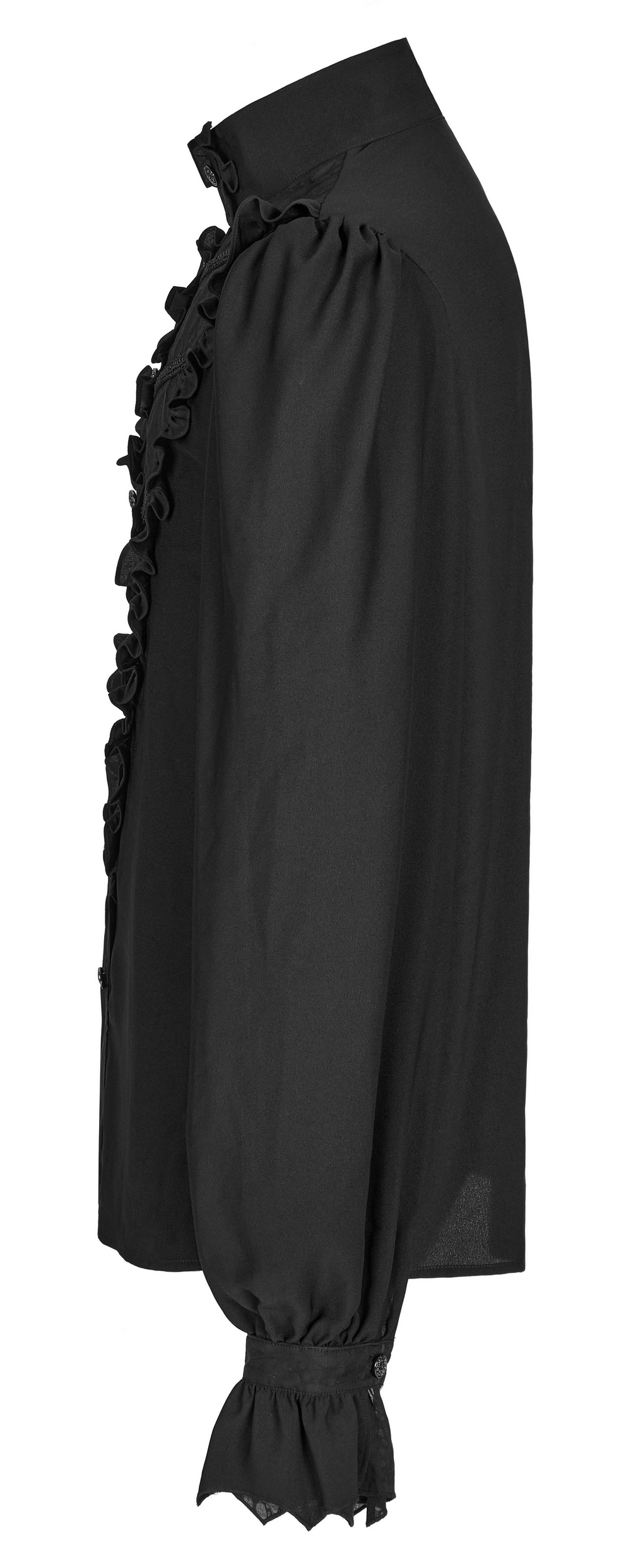 Victorian ruffle black gothic shirt with chiffon fabric and stand collar, featuring elegant puff sleeves and ruffle detailing.