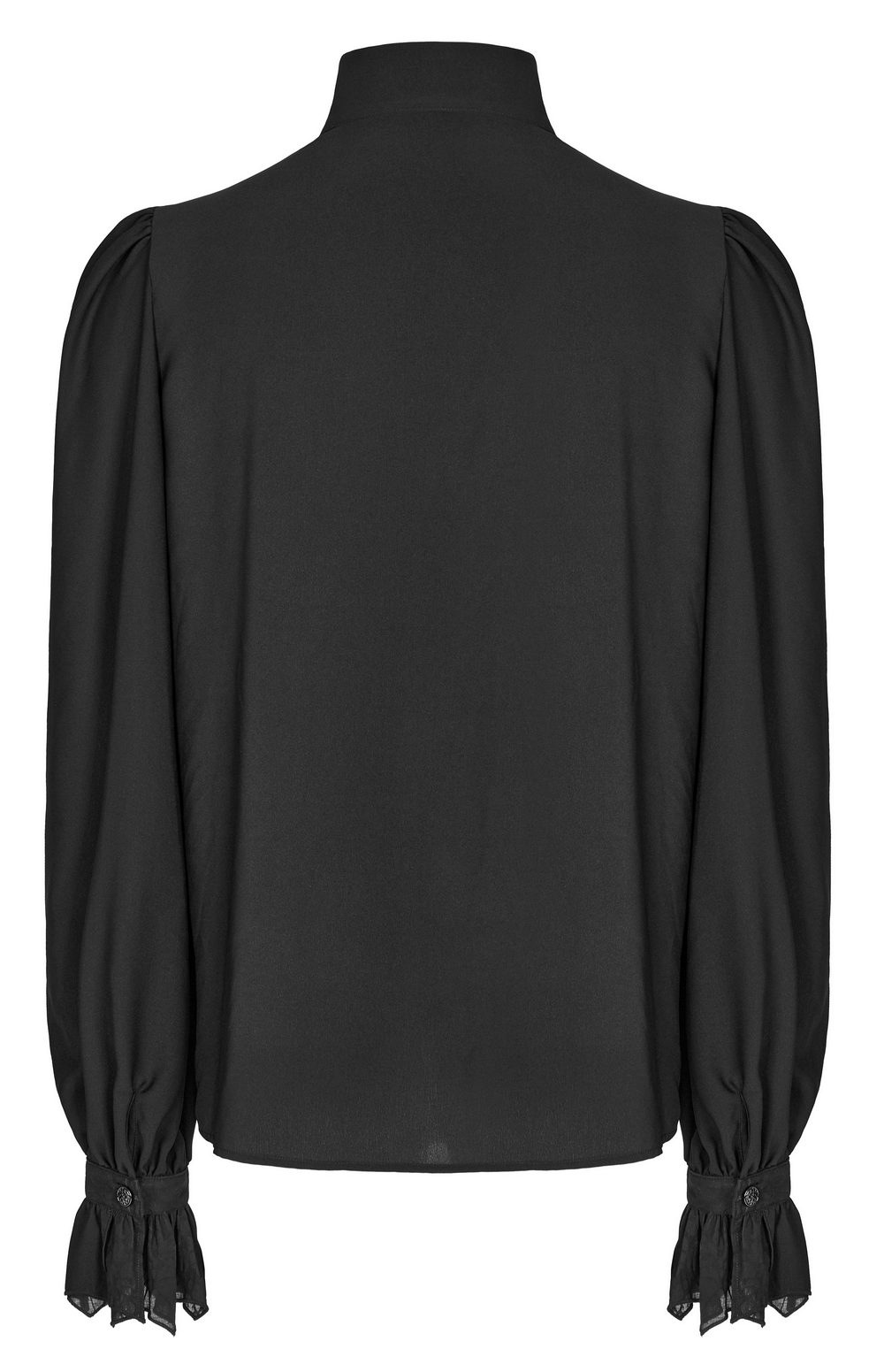 Back view of Victorian Ruffle Black Gothic Shirt featuring puff sleeves and ruffled cuffs, perfect for elegant gothic fashion.