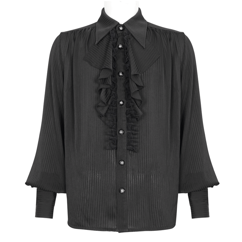 Victorian Ruffle Front Black Shirt with Lantern Sleeves, stylish men's fashion for a vintage-inspired look.