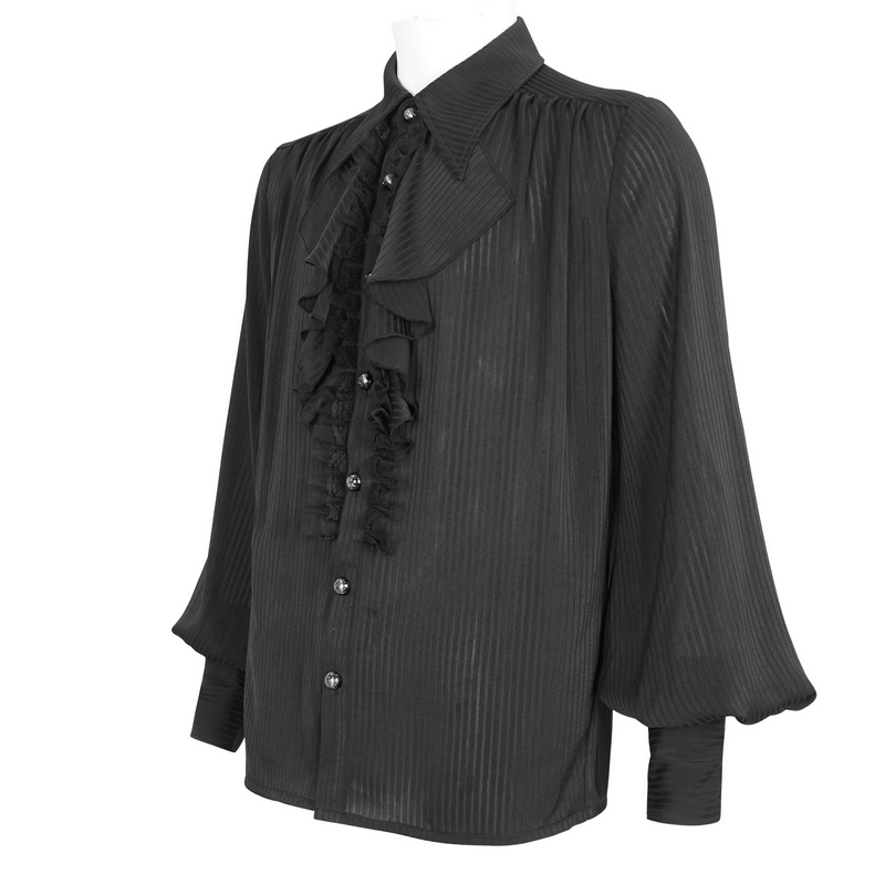 Victorian ruffle front black shirt with lantern sleeves for men, highlighting elegant historical fashion.