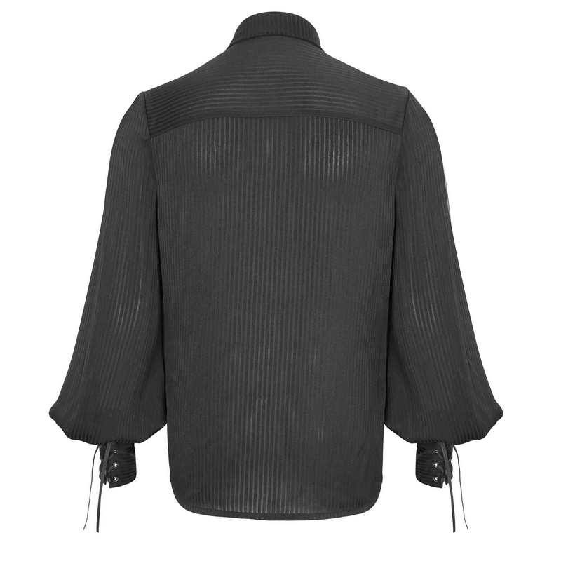 Back view of a Victorian-style ruffle front black shirt with lantern sleeves for men.