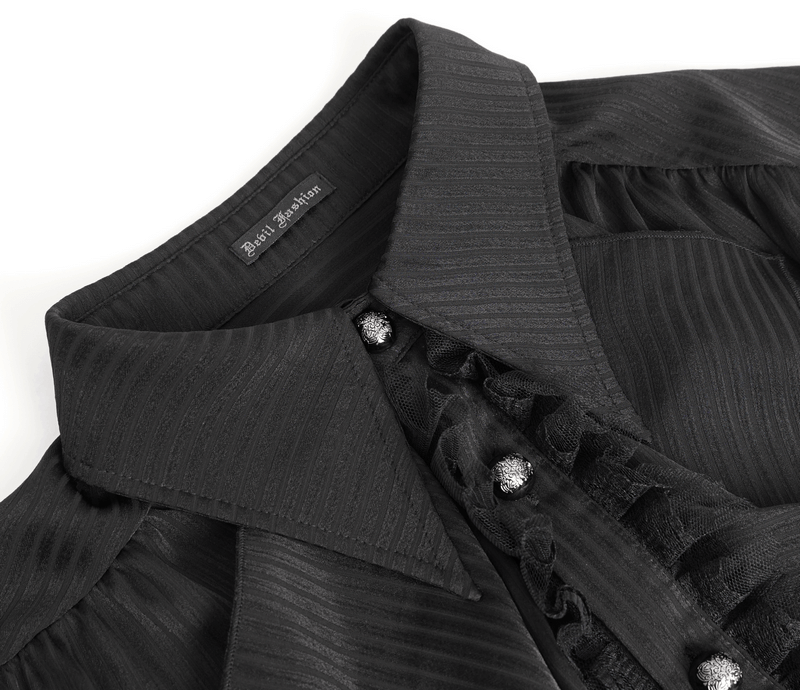 Close-up of Victorian Ruffle Front Black Shirt with elegant collar and decorative buttons.