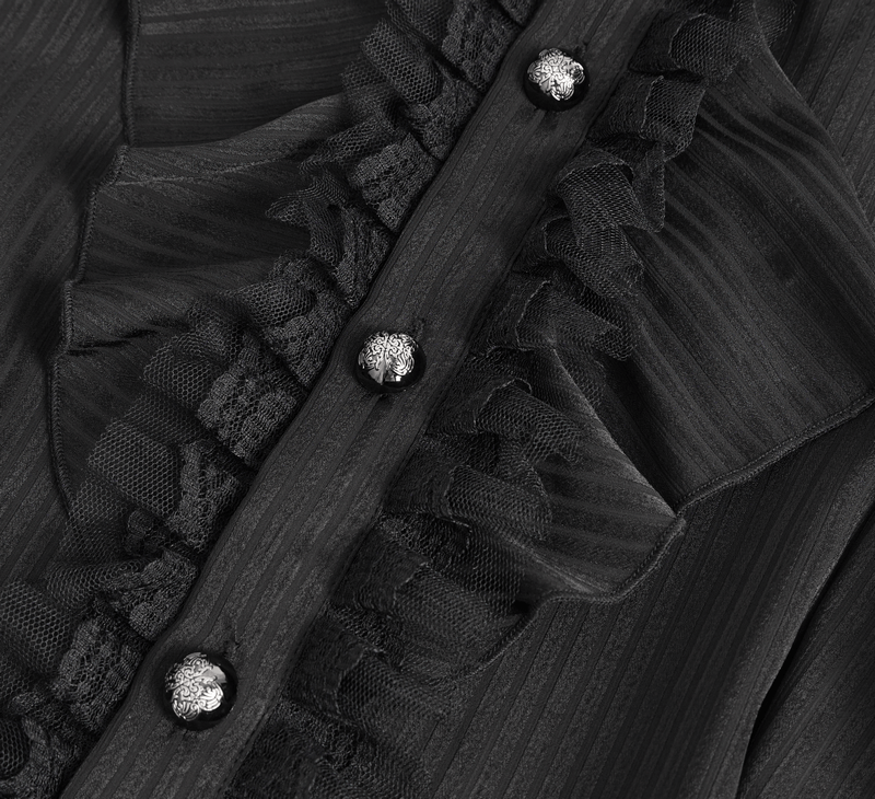 Close-up of Victorian Ruffle Front Black Shirt with ornate buttons and textured fabric detailing.