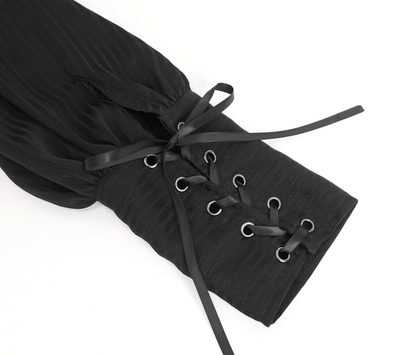 Victorian black lantern sleeve shirt detail with ruffled front and lace-up cuff embellishment.