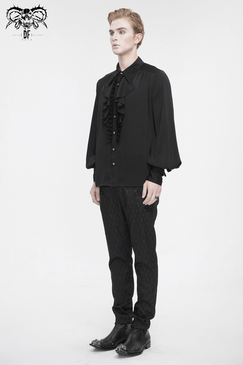 Men's Victorian style black shirt with ruffles and lantern sleeves, showcasing vintage elegance and modern flair.