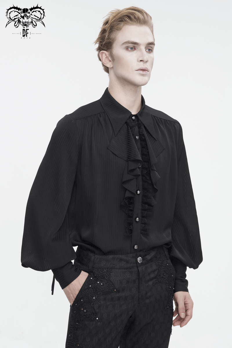 Victorian-style black shirt with ruffle front and lantern sleeves for a modern, elegant look.