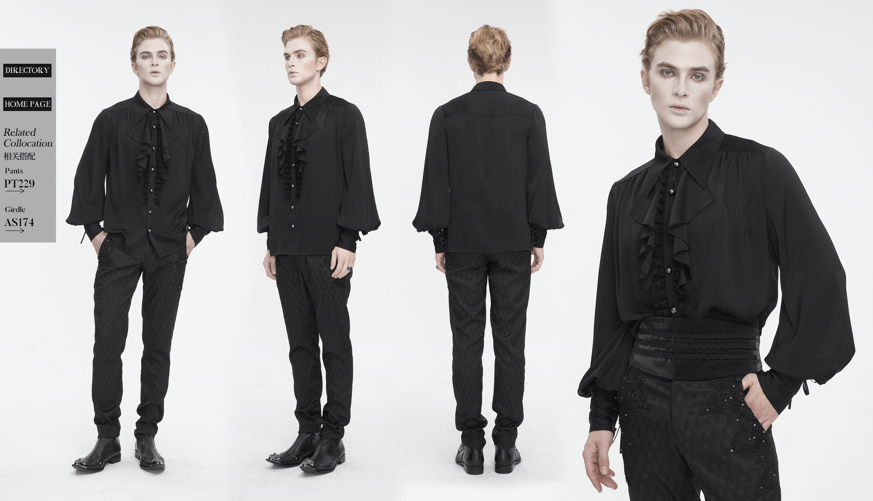 Victorian ruffle front black shirt with lantern sleeves on model, showcasing elegant style and historical finesse.