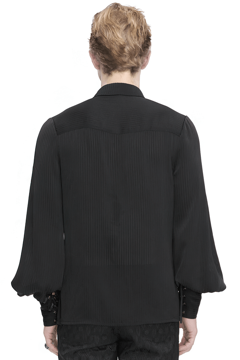 Back view of a men's Victorian-style black shirt with lantern sleeves and vertical pleats.