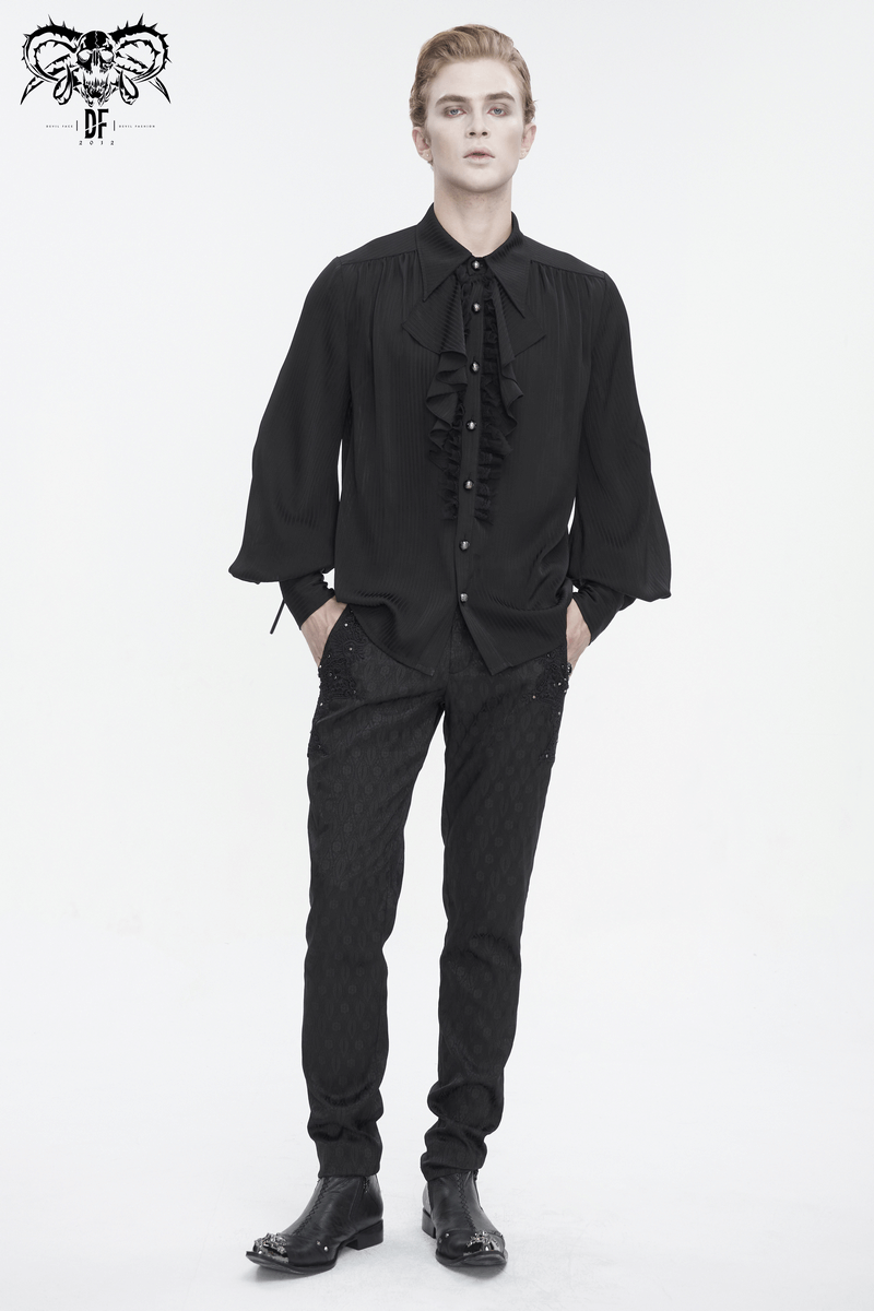 Victorian ruffled black shirt with lantern sleeves, showcasing elegant design and stylish fit for modern men.