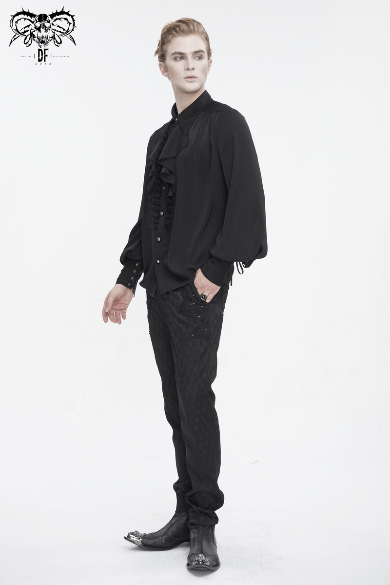 Victorian Ruffle Front Black Shirt with Lantern Sleeves modeled by a stylish man in a modern fashion setting.