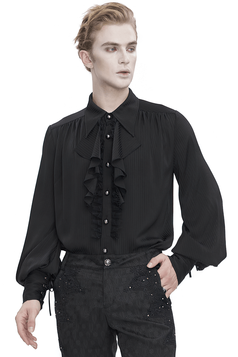 Victorian Ruffle Front Black Shirt with Lantern Sleeves, a stylish vintage-inspired fashion for men.