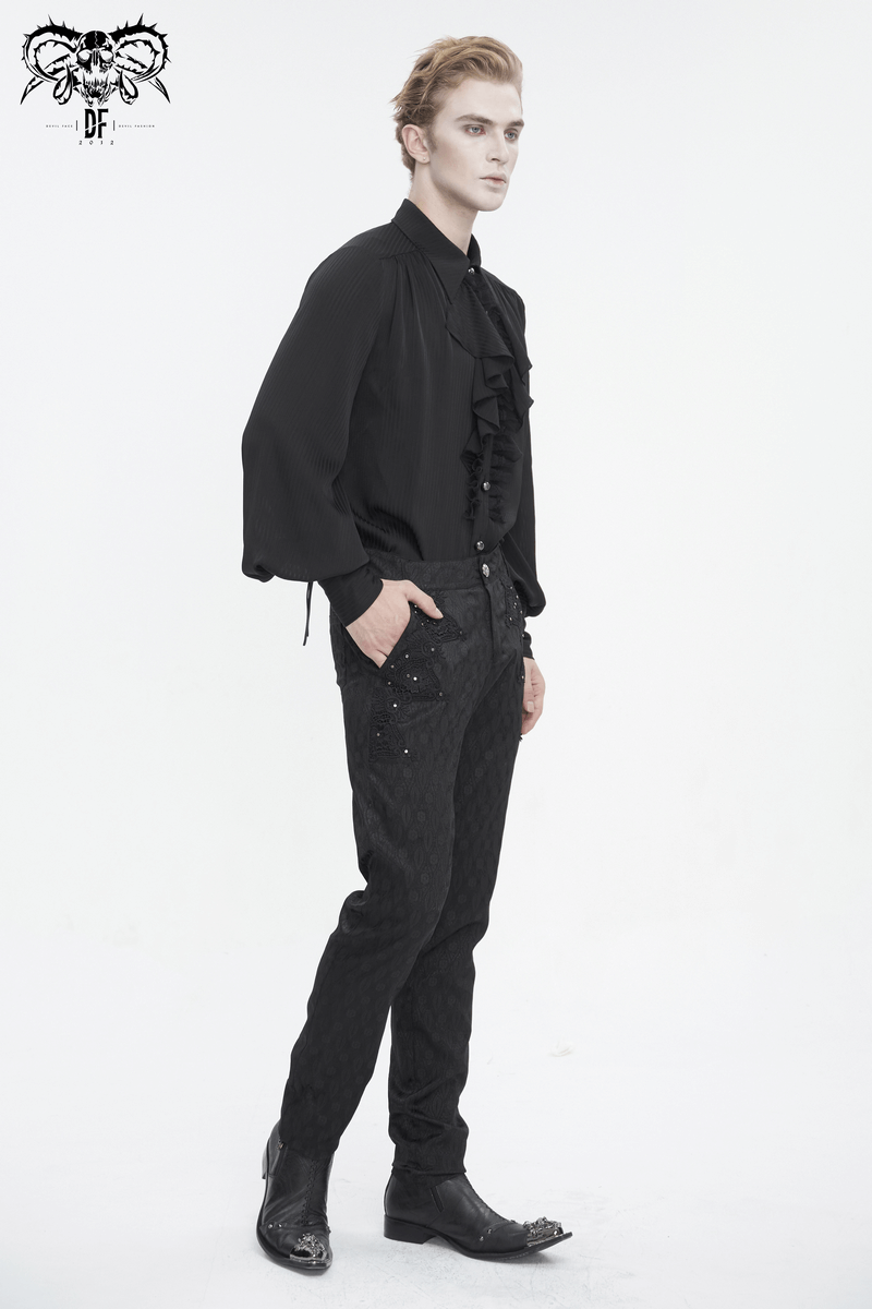 Victorian ruffle front black shirt with lantern sleeves, styled for a modern look, showcasing elegance and vintage charm.