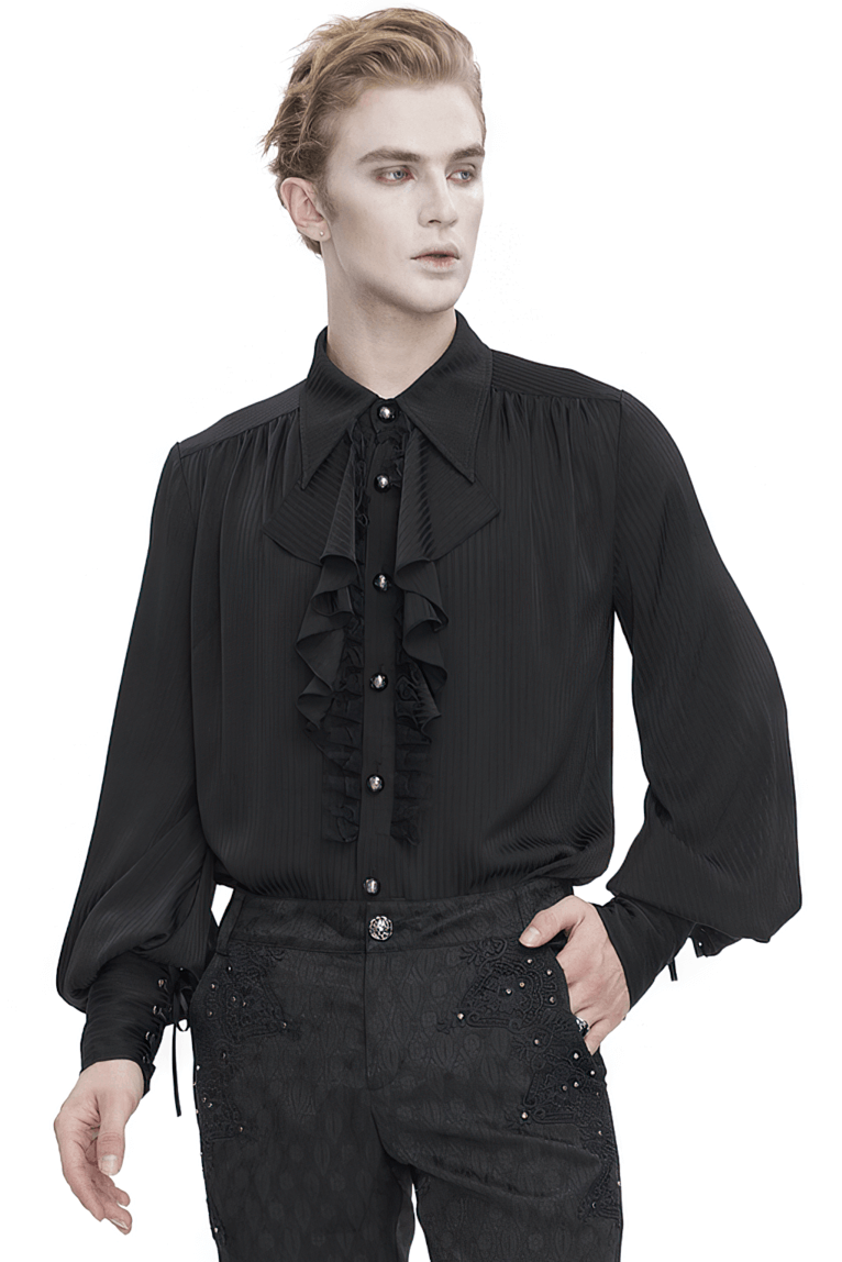 Victorian Ruffle Front Black Shirt with Lantern Sleeves