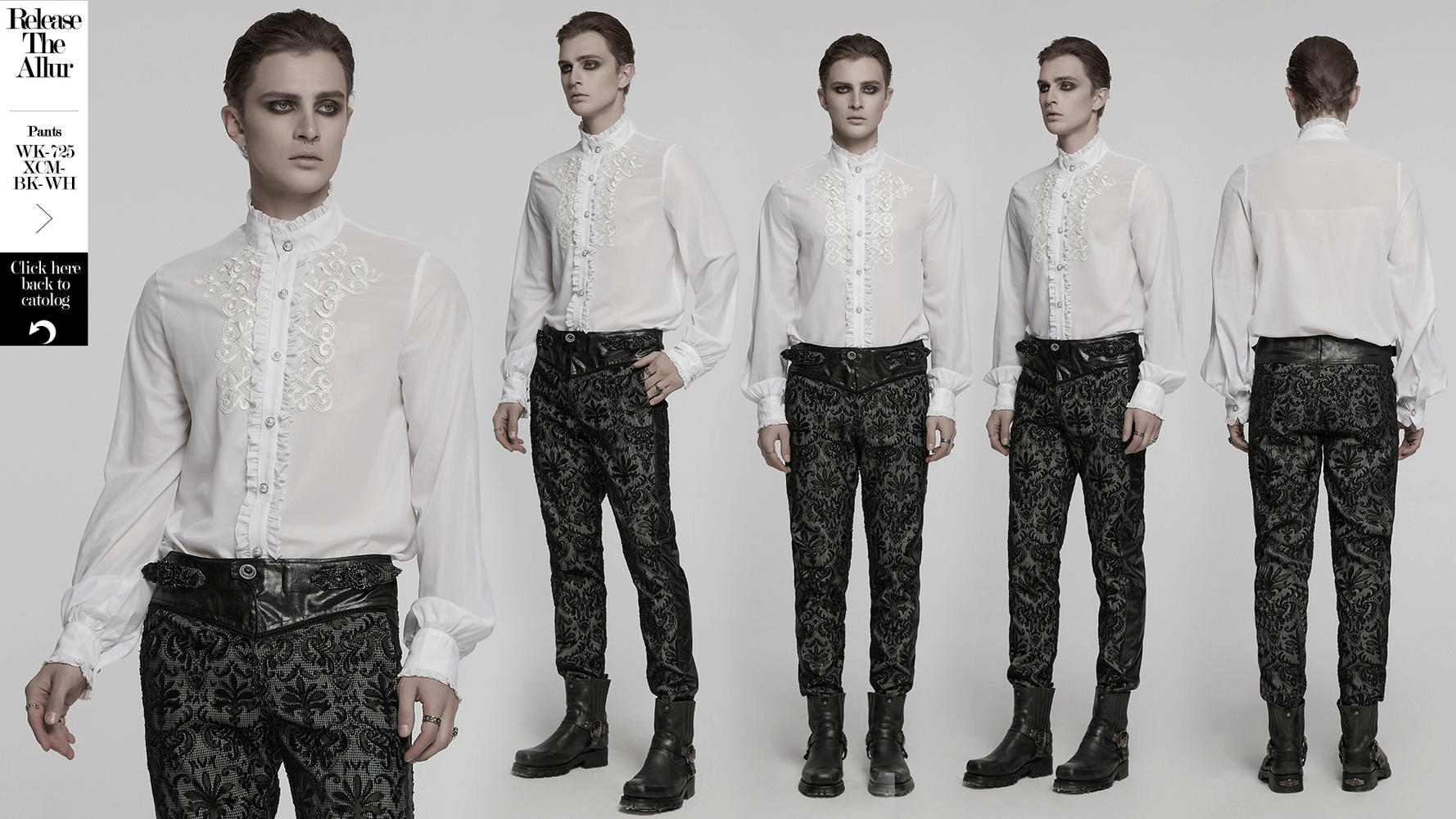 Victorian ruffle shirt with gem buttons and embroidery, ideal for goth fashion and period-inspired styling.