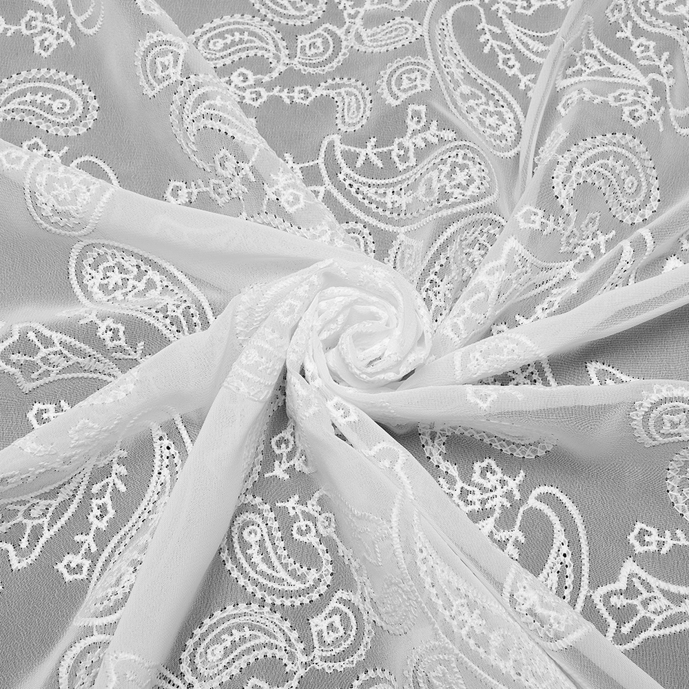 Elegant white chiffon fabric with intricate paisley embroidery, perfect for gothic-style attire and period-inspired fashion.