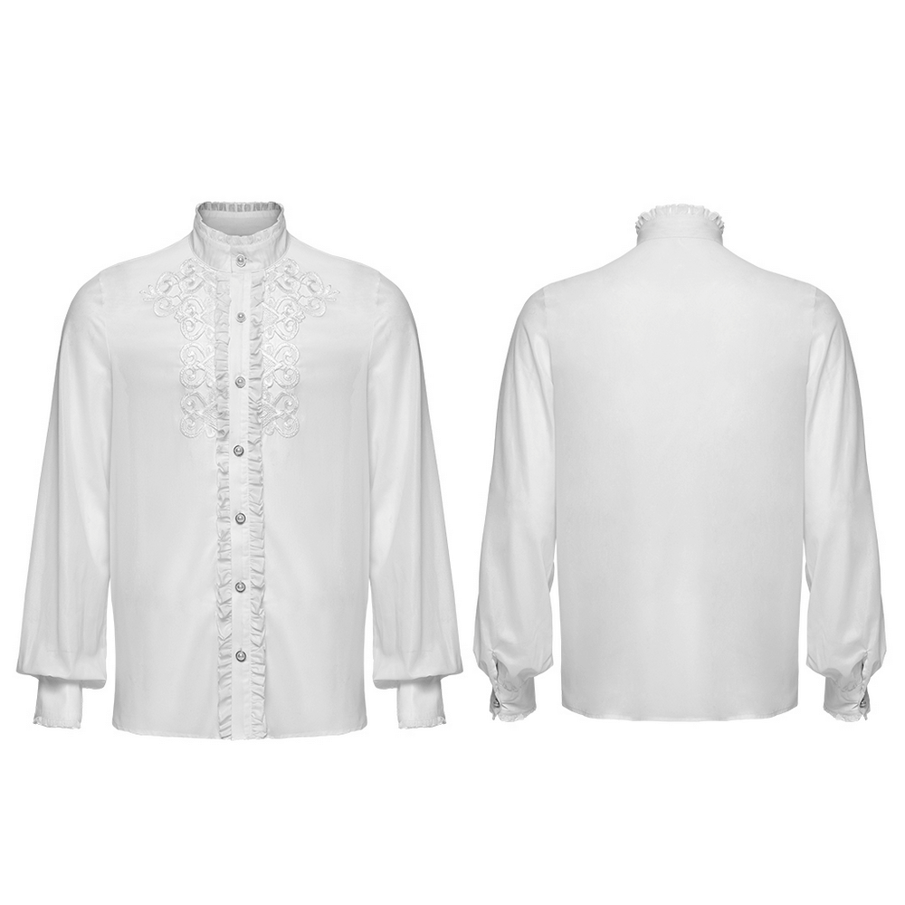 Victorian ruffle shirt with gem buttons and embroidery, showcasing elegant white goth style and intricate details.